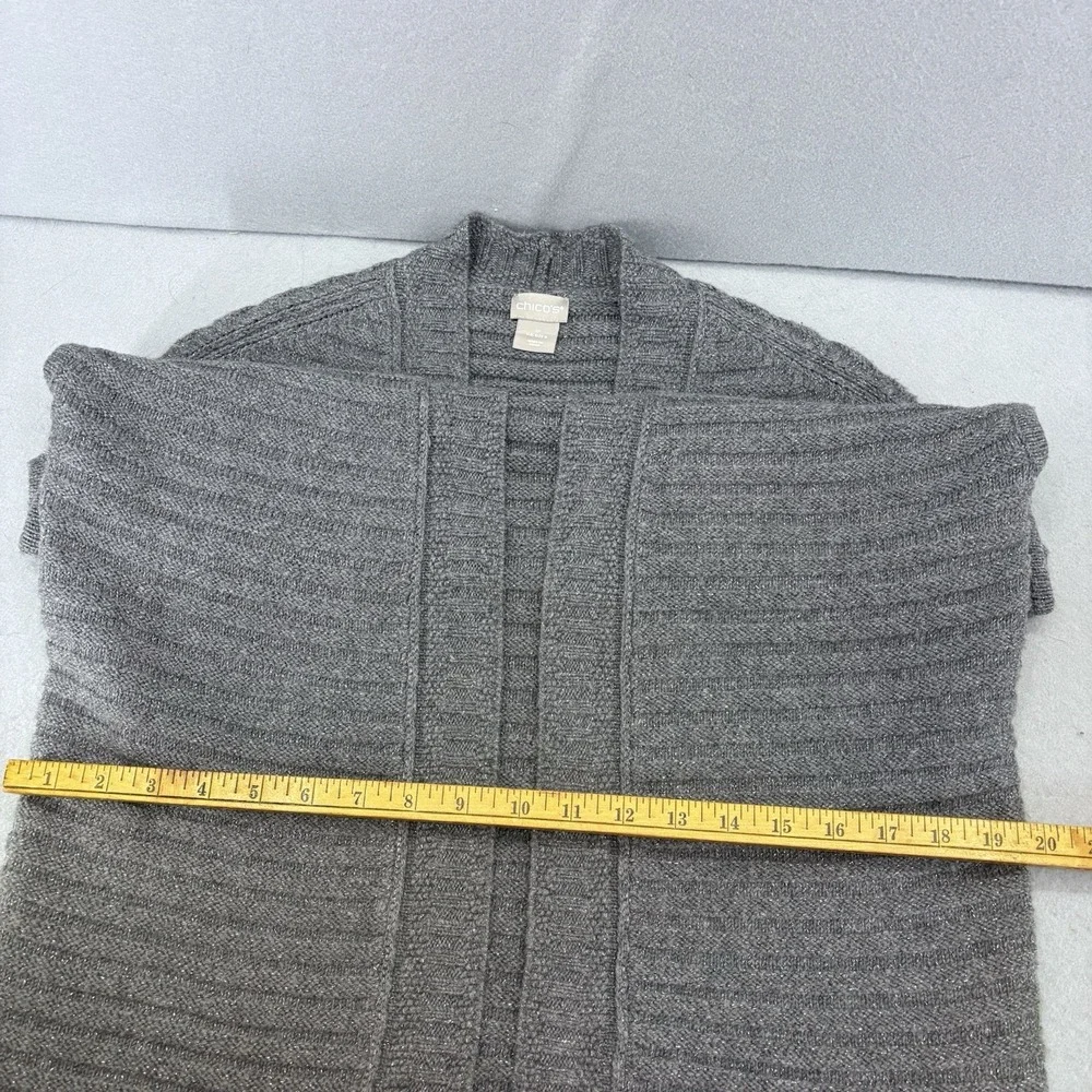 Chicos Size 0 Small Shimmer Long Open Front Sweater Vest Gray Boho Casual Staple